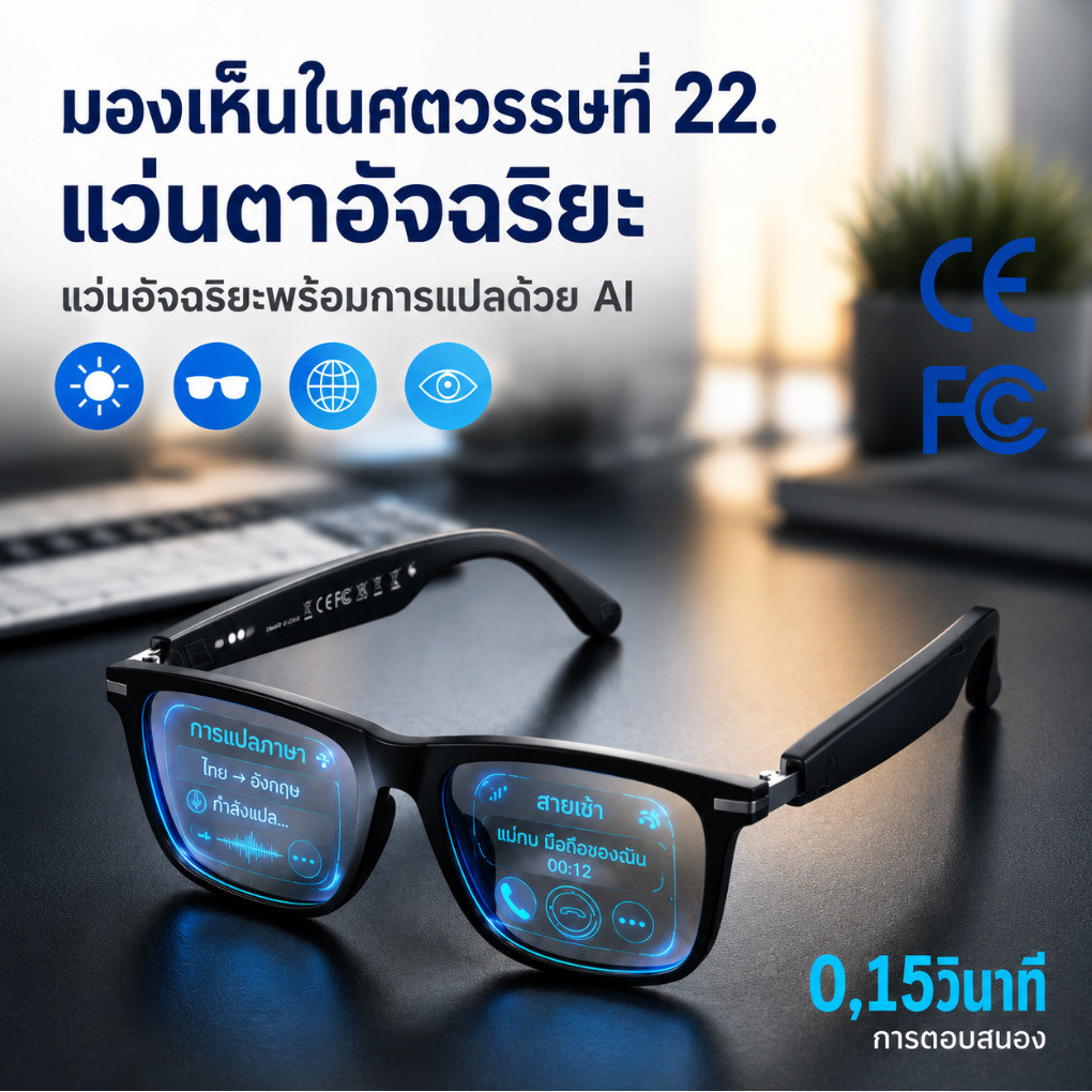 TH HOT แว่นตาอัจฉริยะ แปลภาษาเรียลไทม์ เลนส์โฟกัสอัตโนมัติ เปลี่ยนสีตามแสง กันรังสี UV สำหรับเดินทาง