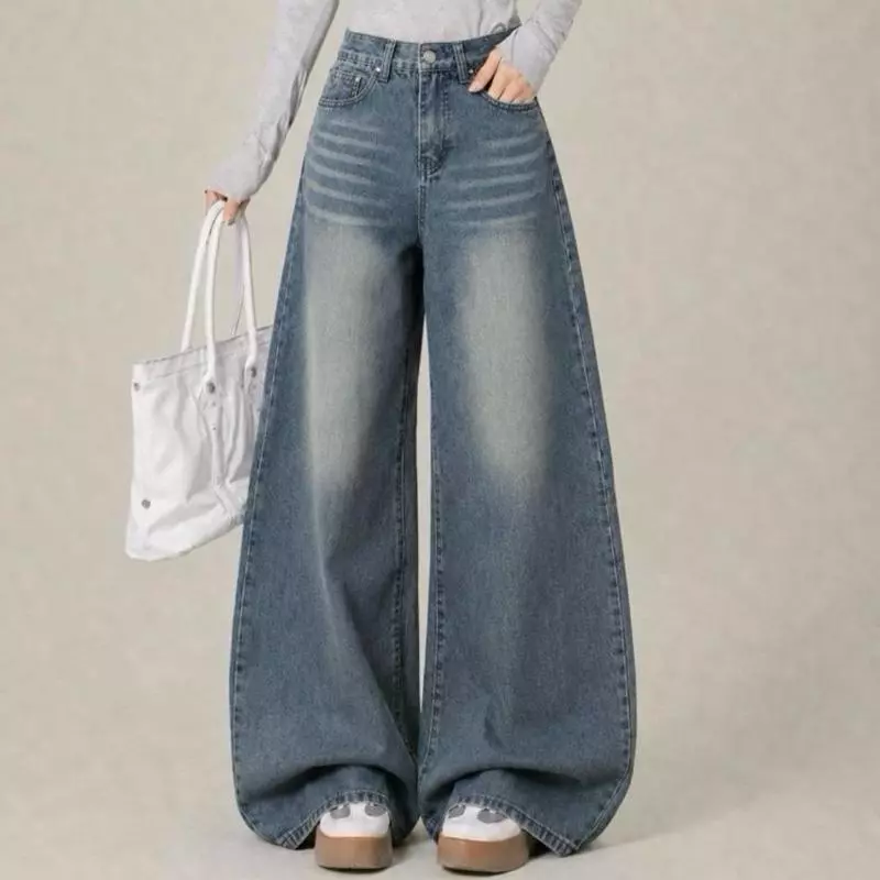 #1989 (XS-6XL) jinjeans กางเกงทรงขากระบอกใหญ่ Baggy สาวอวบ ทรงหลวม ขาบาน เอวสูง (Blue Vintage )