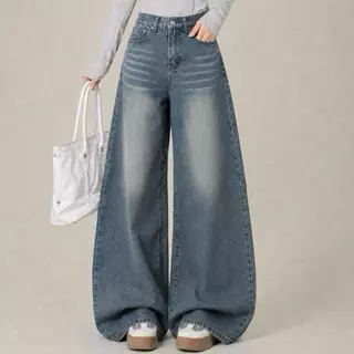 #1989 (XS-6XL) jinjeans กางเกงทรงขากระบอกใหญ่ Baggy สาวอวบ ทรงหลวม ขาบาน เอวสูง (Blue Vintage )