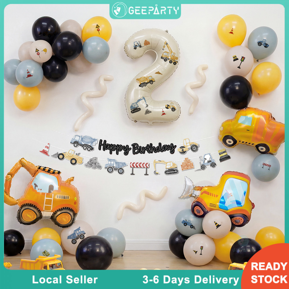 GeeParty ชุดลูกโป่งธีมรถก่อสร้าง 52 ชิ้น ลูกโป่งฟอยล์รถขุด รถตัก พร้อมลูกโป่งตัวเลขสีครีม ตกแต่งวันเกิดเด็ก ธีมรถก่อสร้า