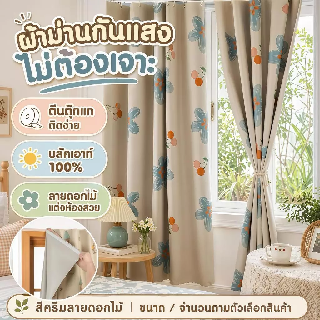 ผ้าม่าน ผ้าม่านตีนตุ๊กแก กันแสงUV 100%ผ้าม่านกันแสง สไตล์มินิมอล ม่านประตู ติดตั้งง่าย ถอดซักได้ด้วย