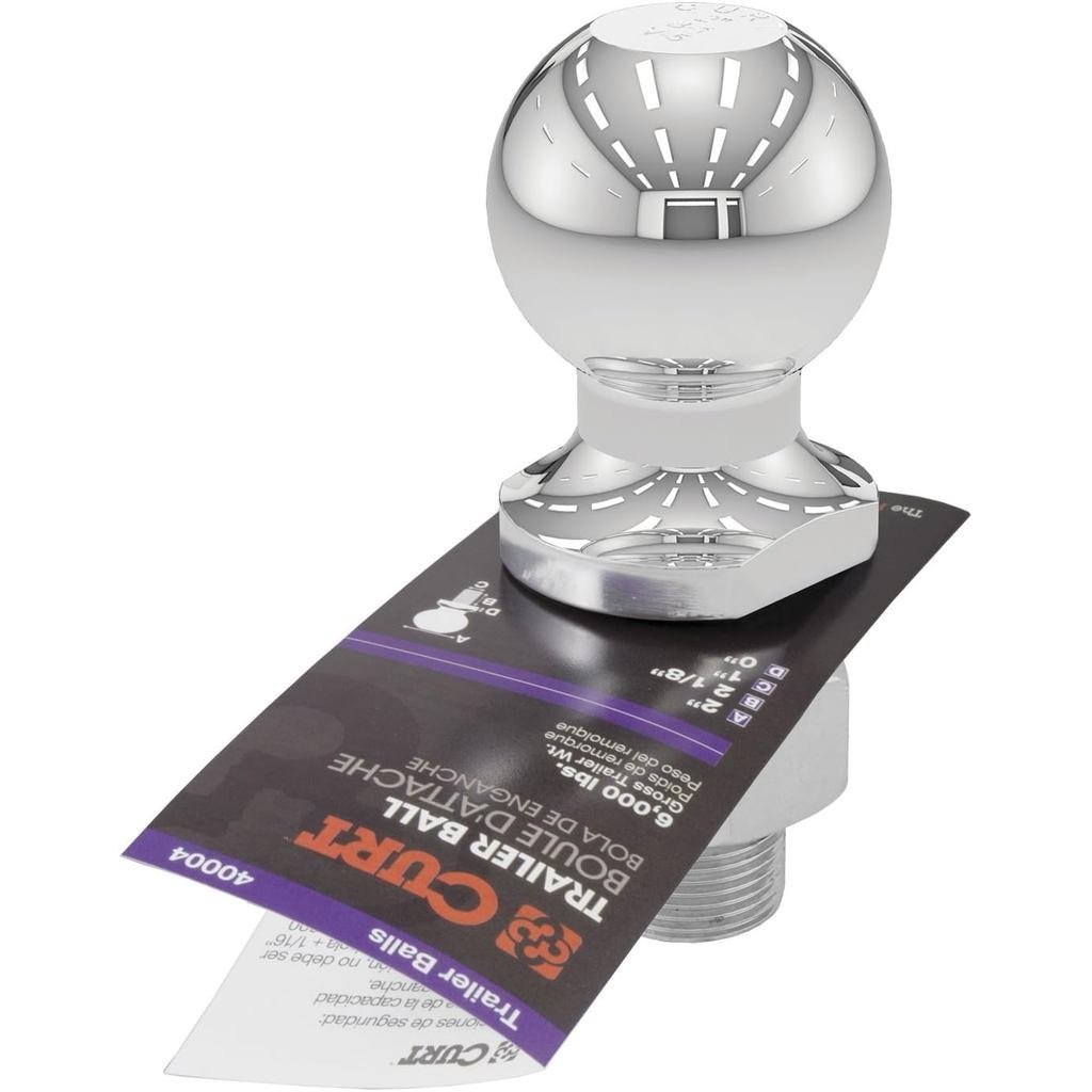 CURT 40004 Chrome Trailer Hitch Ball, 6,000 ปอนด์, เส้นผ่านศูนย์กลาง 2 นิ้ว, 1 x 2-1/8 นิ้ว Shank