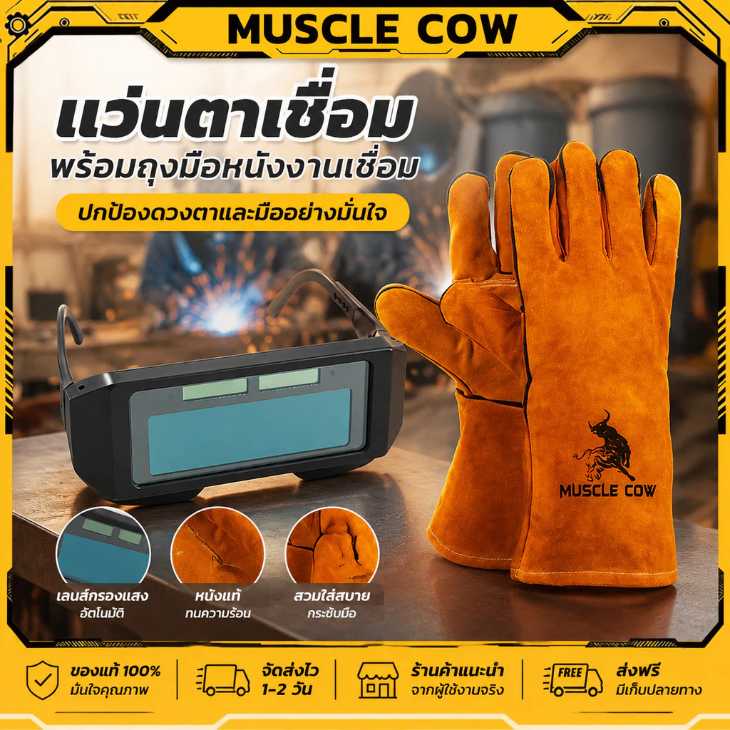 MUSCLE COW ถุงมือหนังงานเชื่อม 10.5"และ13" + แว่นตาเชื่อมปรับแสงอัตโนมัติ ป้องกันแสงจ้า
