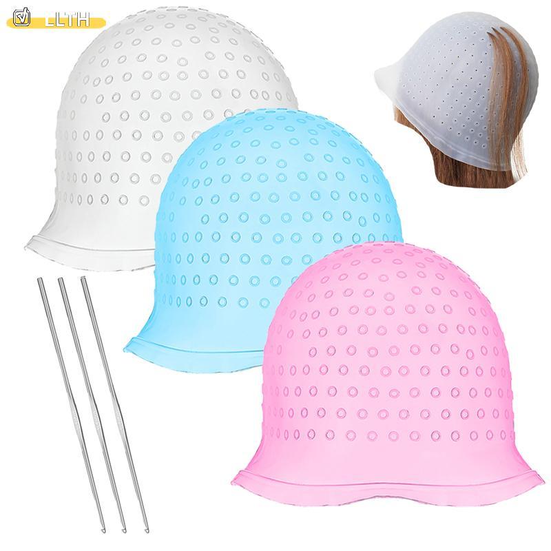 LLTH สีผม Highlighting ซิลิโคนแบบใช้ซ้ําได้หมวกไฮไลท์ดึงกลับหมวกสําหรับผม Dying Frosting หมวกพร้อมตะขอร้อน