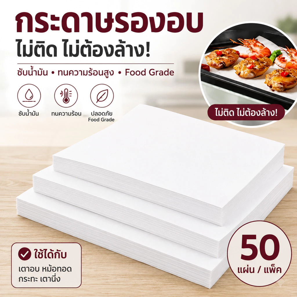 Home007 กระดาษรองอบ ไม่ติด ซับน้ำมัน ทนความร้อนสูง 50 แผ่น/แพ็ค ใช้กับเตาอบ หม้อทอด กระทะ Baking Paper