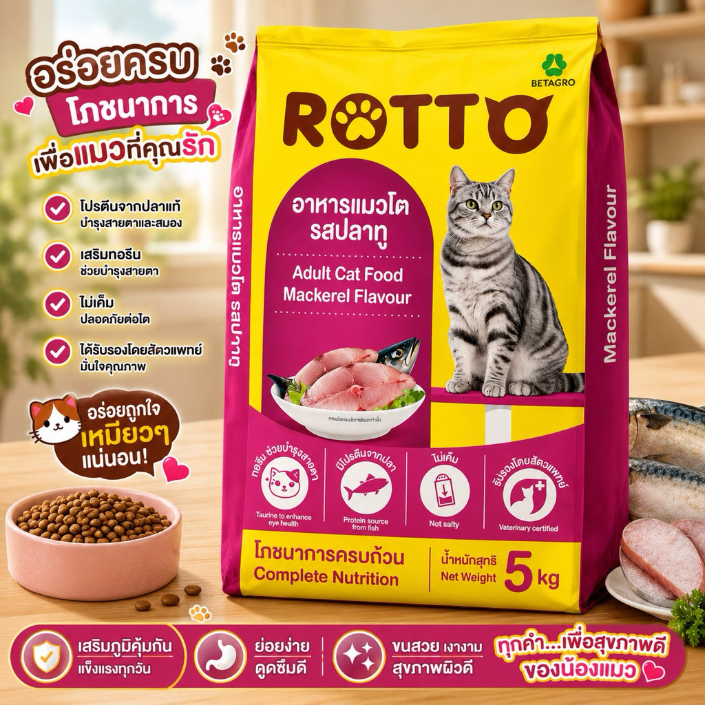 [ 5 KG ] อาหารแมวโต รสปลาทู Rotto เม็ดเล็ก สีธรรมชาติ จาก betagro
