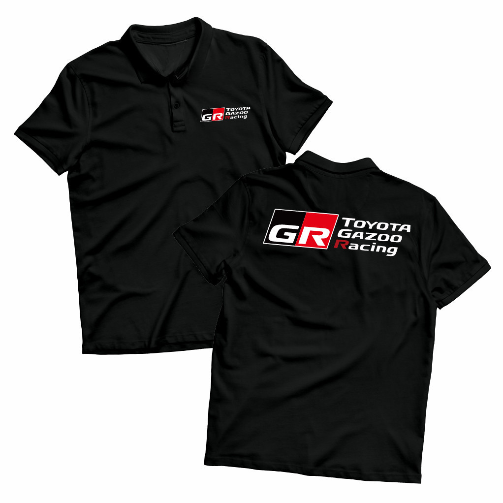 เสื้อโปโลแข่ง Toyota GR สีดำ มีโลโก้แบรนด์ทั้งด้านหน้าและด้านหลัง เหมาะสำหรับงานสังสรรค์ของกลุ่มคนรักรถยนต์