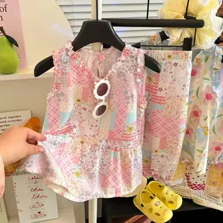 MooDeng Baby ชุดเซตเด็กหญิงน่ารัก แขนกุด กางเกงขายาว ชายระบาย ใส่สบาย ผ้าบาง ผ้านิ่ม ลื่น ระบายอากาศดี สีสดใส