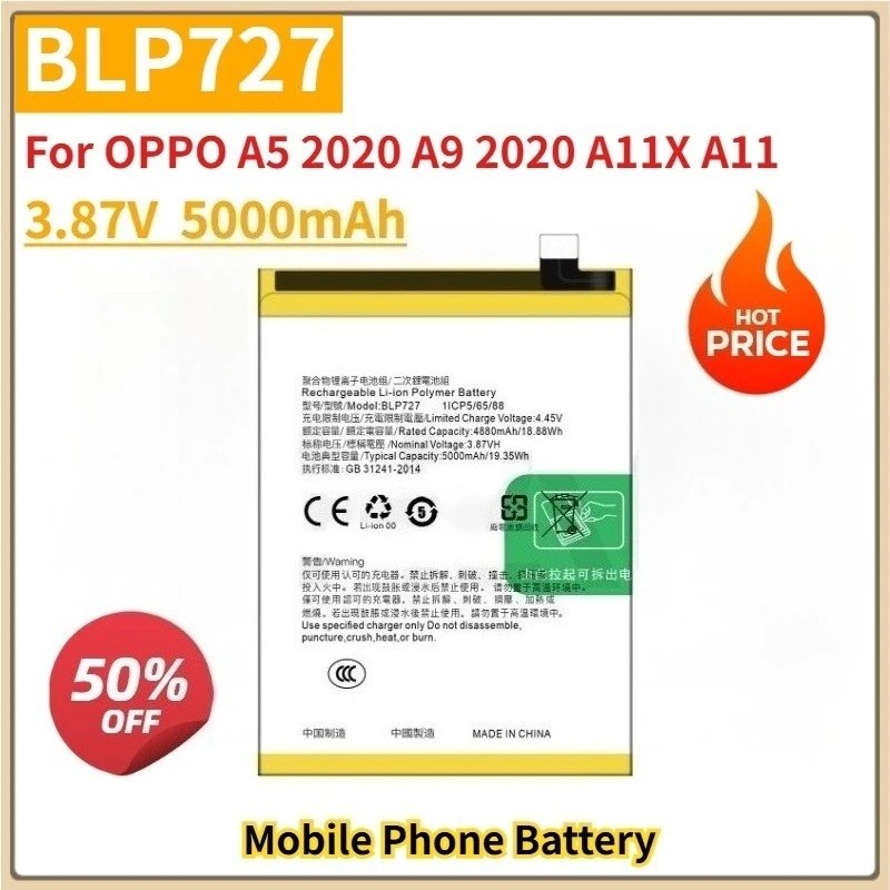 ใหม่เปลี่ยนแบตเตอรี่โทรศัพท์มือถือ BLP727 3.87V สําหรับ OPPO A5 2020 A9 2020 A11X A11 5000mAh Li-Pol