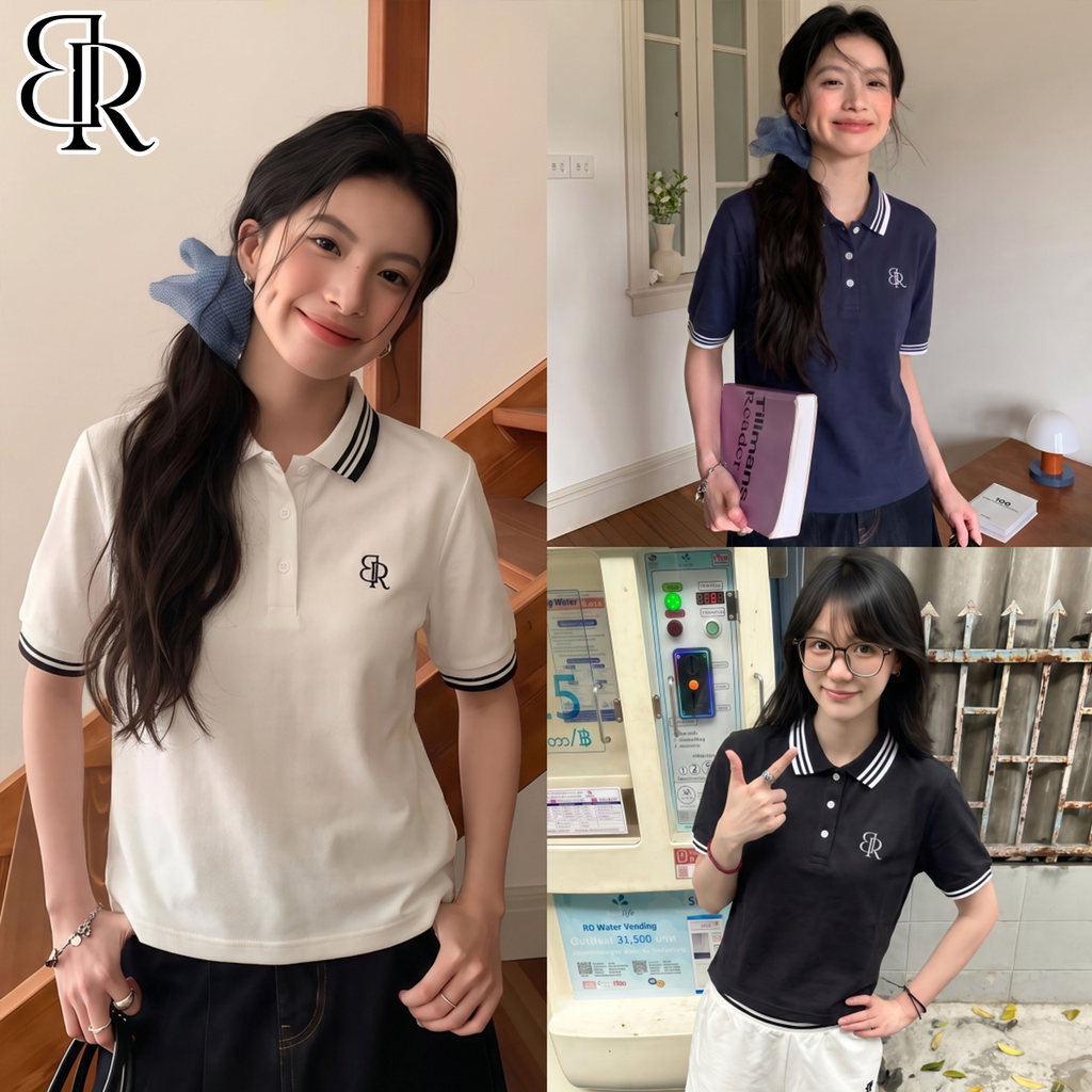 B&R พร้อมส่ง เสื้อโปโลแขนสั้น POLO รุ่นใหม่ ปกเสื้อสีตัดกัน ประดับด้วยงานปัก สไตล์ลำลองทำงาน