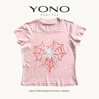 (พร้อมส่ง24ชม.) YONO baby tee สีดำ ลายแมงมุมสีขาวกับใยสีแดง ทรงเข้ารูป สไตล์โกธิค y2k
