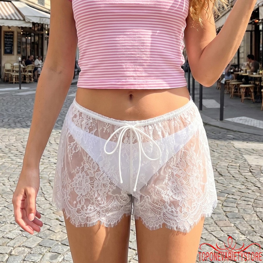 Topone-Women Sheer Mini Shorts Floral Lace Drawstring เอวฤดูร้อน Lounge Shorts