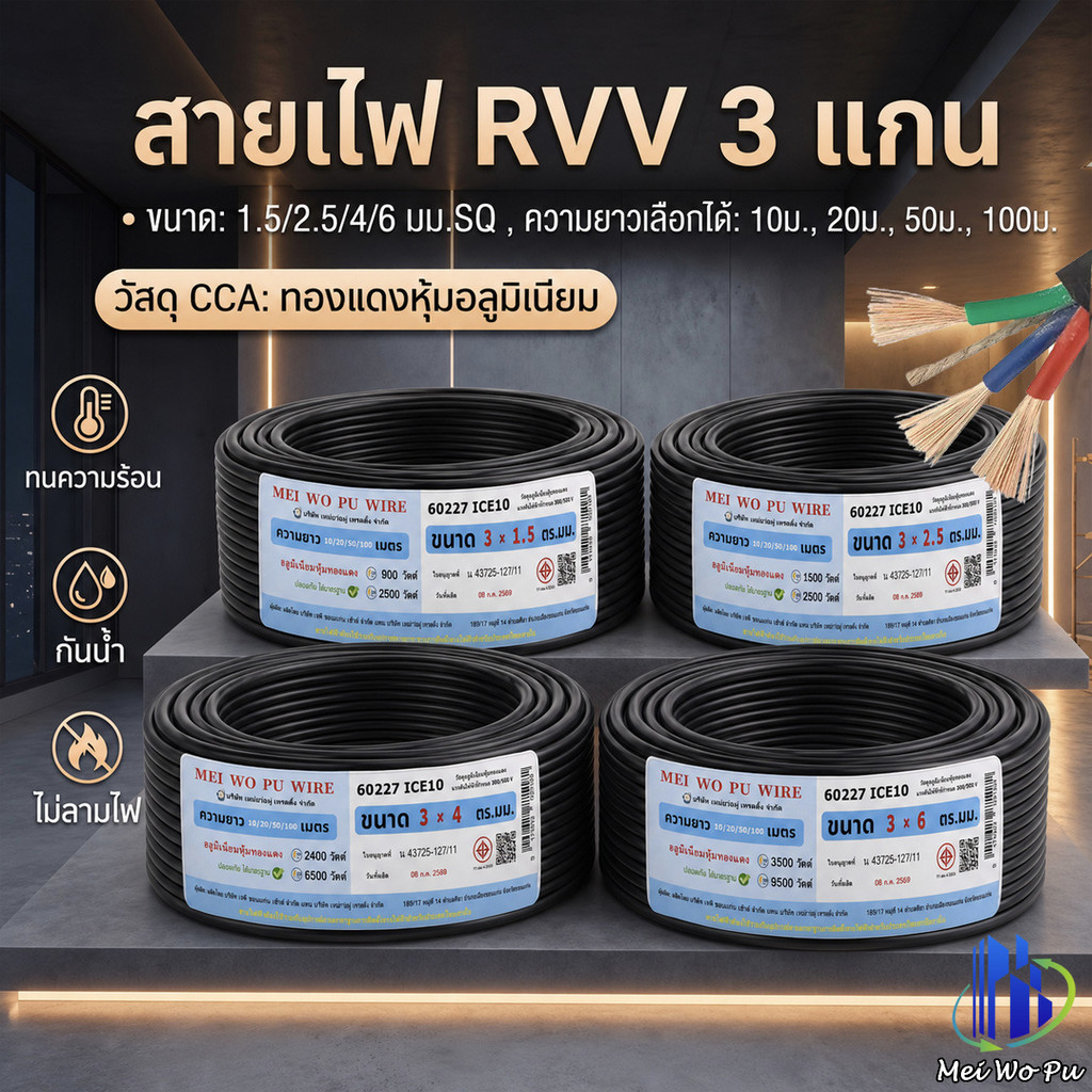 ความยาว 20/50/100 เมตร1.5/2.5/4/6 มม.² สายไฟอ่อนแบบหลายเส้น RVV 3 แกน กันแดด ทนความเย็นจัด