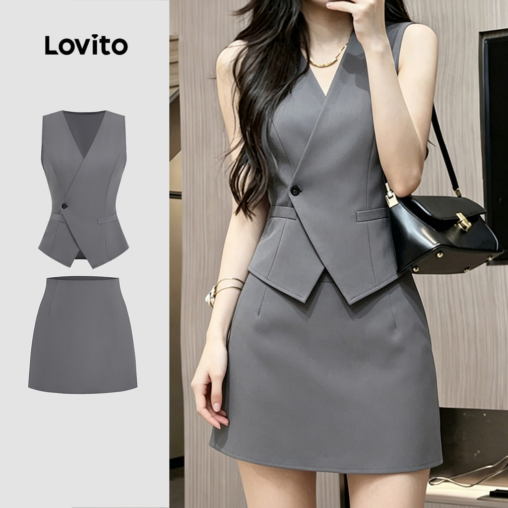 Lovito สง่างาม ชุดเซ็ตกระโปรง ซิป กระดุม ไม่สมมาตร สีเทา สําหรับผู้หญิง ฤดูใบไม้ผลิ/ฤดูร้อน LK3ED074