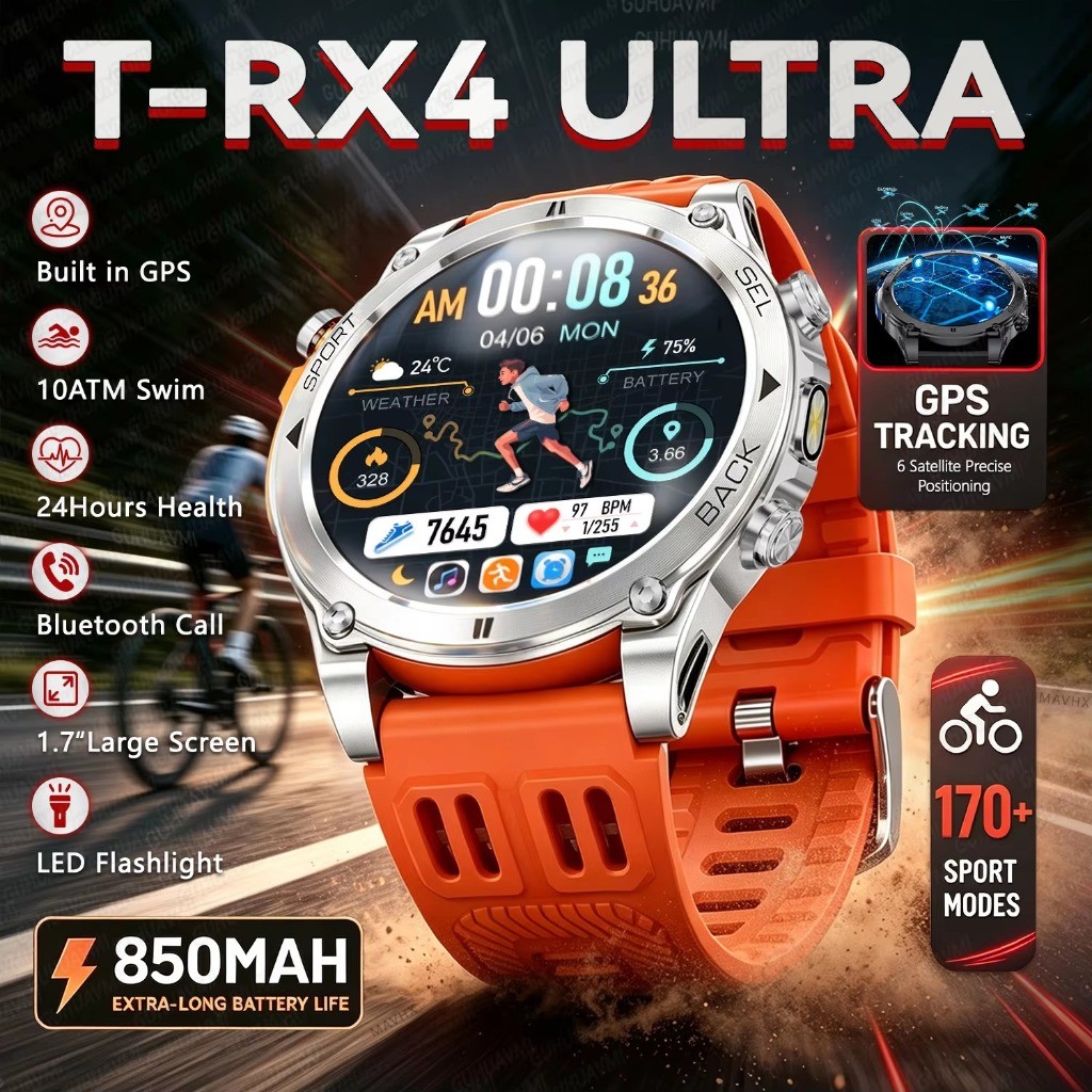 2026New T-RX4 ในตัว GPS สมาร์ทนาฬิกา 10ATM ว่ายน้ํา 850mAh แบตเตอรี่เข็มทิศ 1.7 นิ้วหน้าจอขนาดใหญ่โทรกีฬา Smartwatch ผู้ชายผู้หญิง
