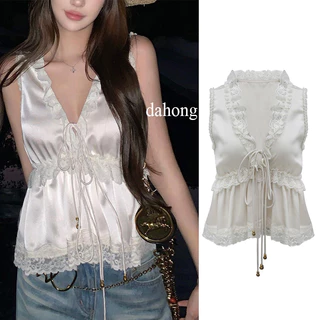Dahong 99520 เสื้อกล้ามไร้แขนดีไซน์โดดเด่น ผ้าซาตินคอวี ต่อชิ้นด้วยลูกไม้ สำหรับสตรี ดีไซน์ไม่ธรรมดา