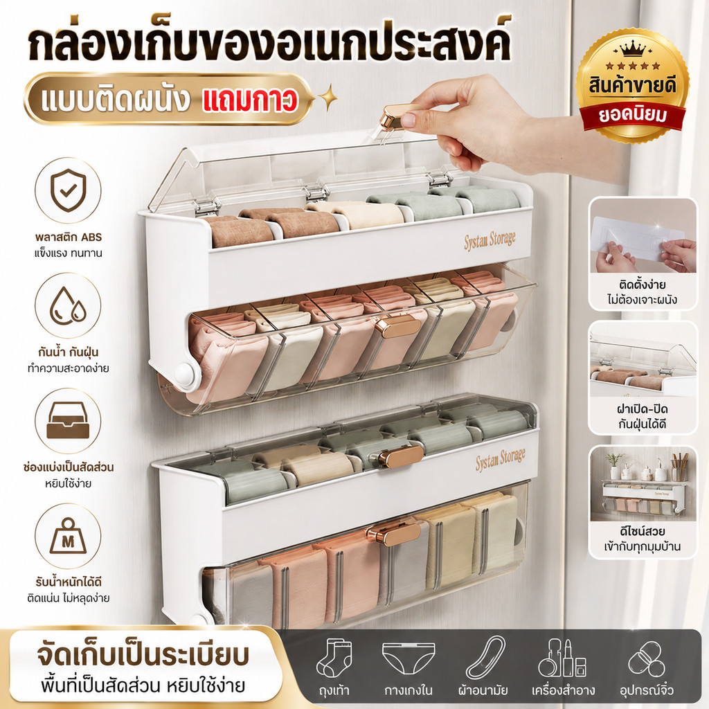 กล่องเก็บของติดผนัง ไม่ต้องเจาะ กล่องเก็บชุดชั้นใน ถุงเท้า กล่องเก็บของอเนกประสงค์