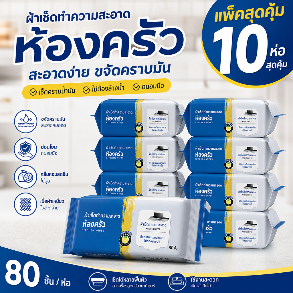 10 แพ็ค ทิชชู่เปียกห้องครัว กระดาษเปียกทำความสะอาดครัว มีน้ำยาในตัว กลิ่นเลมอน ผ้าหนาแผ่นใหญ่ ขจัดคราบมัน เช็คเครื่
