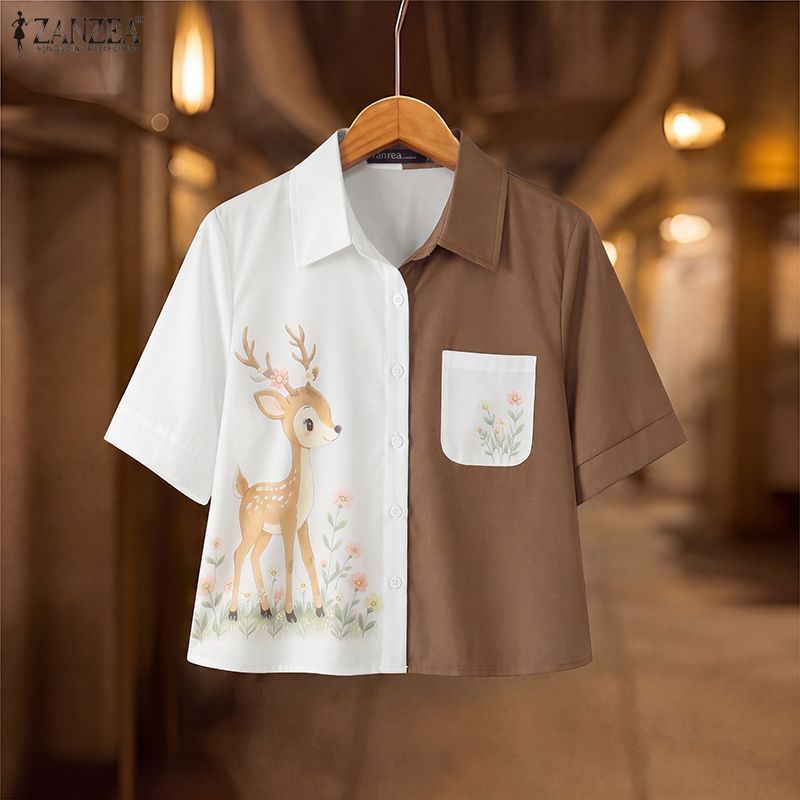 ZANZEA ผู้หญิงเกาหลีหวาน Pastoral Turn-Down-Collar แขนสั้นการ์ตูนกวางพิมพ์ Contrast สีเสื้อ — صورة 4