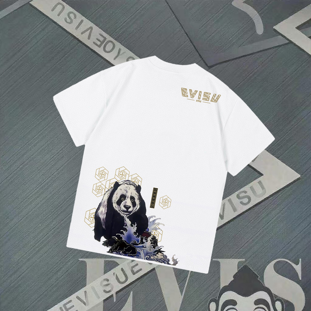 EVISU/God of Fortune/2026 คลาสสิกรอบคอแขนสั้นเสื้อยืดผู้ชายผู้หญิงหนักพิมพ์เสื้อยืดพิมพ์ตัวอักษรกีฬา