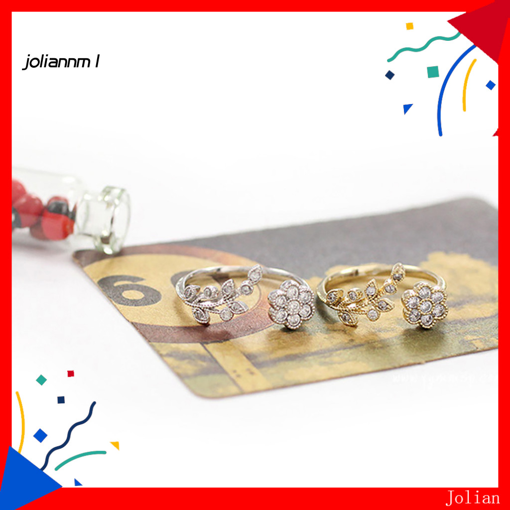 [JM] Graceful Flower Branch Rhinestone Adjustable Open Finger Ring Women Jewelry Gift