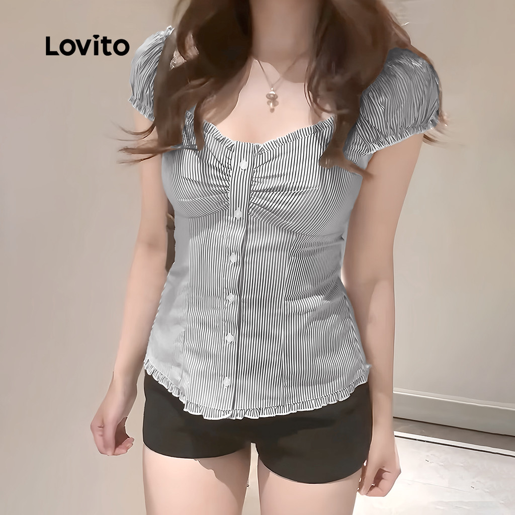 (KOL's pick) Lovito เสื้อเชิ้ตแคชชวลผู้หญิง กระดุมลายทาง จีบช่วงฤดูร้อน/ฤดูใบไม้ผลิ เกาหลี อินเทรนด์ L133AD630