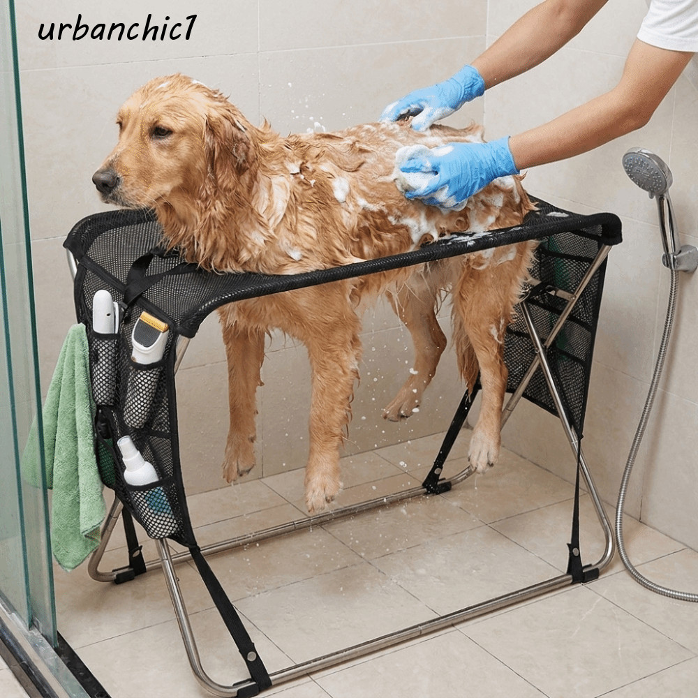 URBANCHIC Pet Bathing Rack, Quick Dry Mesh Folding Pet Grooming Hammock, Cat Bathing Holder ที่ถอดออกได้ Multi Hole Anti-Scratch Cat Nail Clipping Holder ใช้ในบ้าน