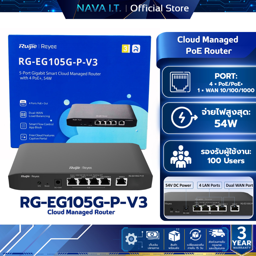 Ruijie Reyee RG-EG105G-P-V3 Cloud Managed PoE เราเตอร์ VPN รับประกันศูนย์ไทย 3 ปี