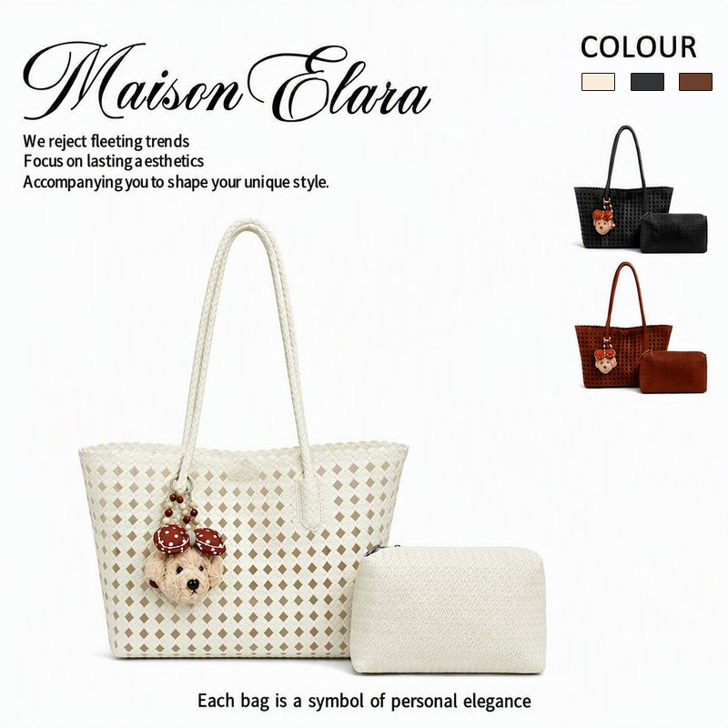 Maison Elara กระเป๋าถักลายฉลุ มาพร้อมกับกระเป๋าใบเล็ก กระเป๋าสะพายไหล่ กระเป๋าถือ แฟชั่น พร้อมจี้ ความจุสูง ทนทาน