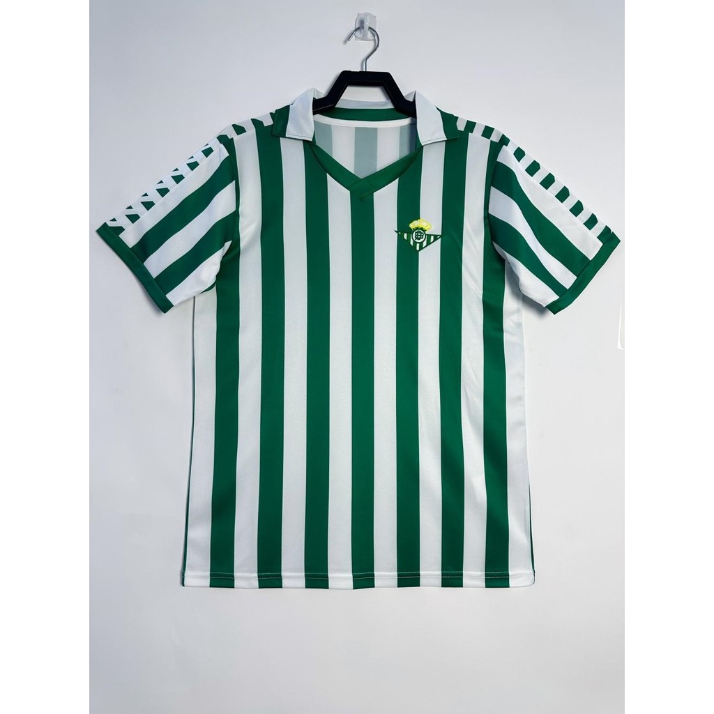 JC Retro 1982-85 เสื้อวินเทจสเปนสีเขียว-สีขาวแถบแนวตั้งคอปก V-Cut เสื้อกีฬา