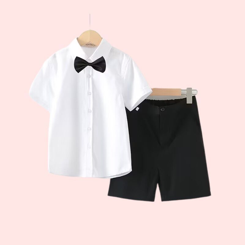 พร้อมสต็อก Losing Money Boys Overalls Suit Short-Sleeved White Shirt Children Host Dress Day 6 Kinde