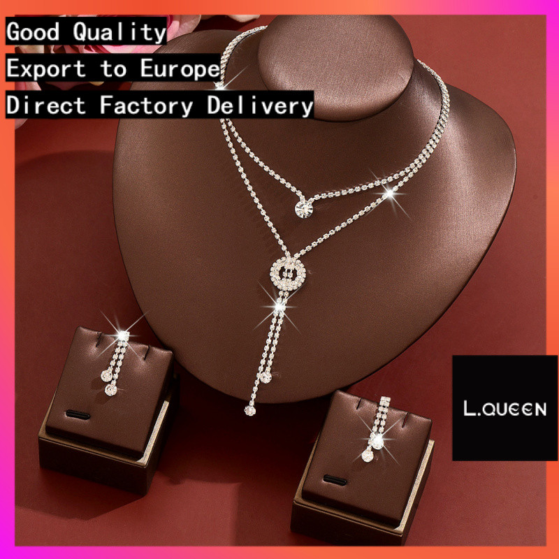 L.QUEEN Double-Layer Rhinestone Flow Circle สร้อยคอต่างหูแฟชั่น All-Match Daily Party Casual เป็นมิต