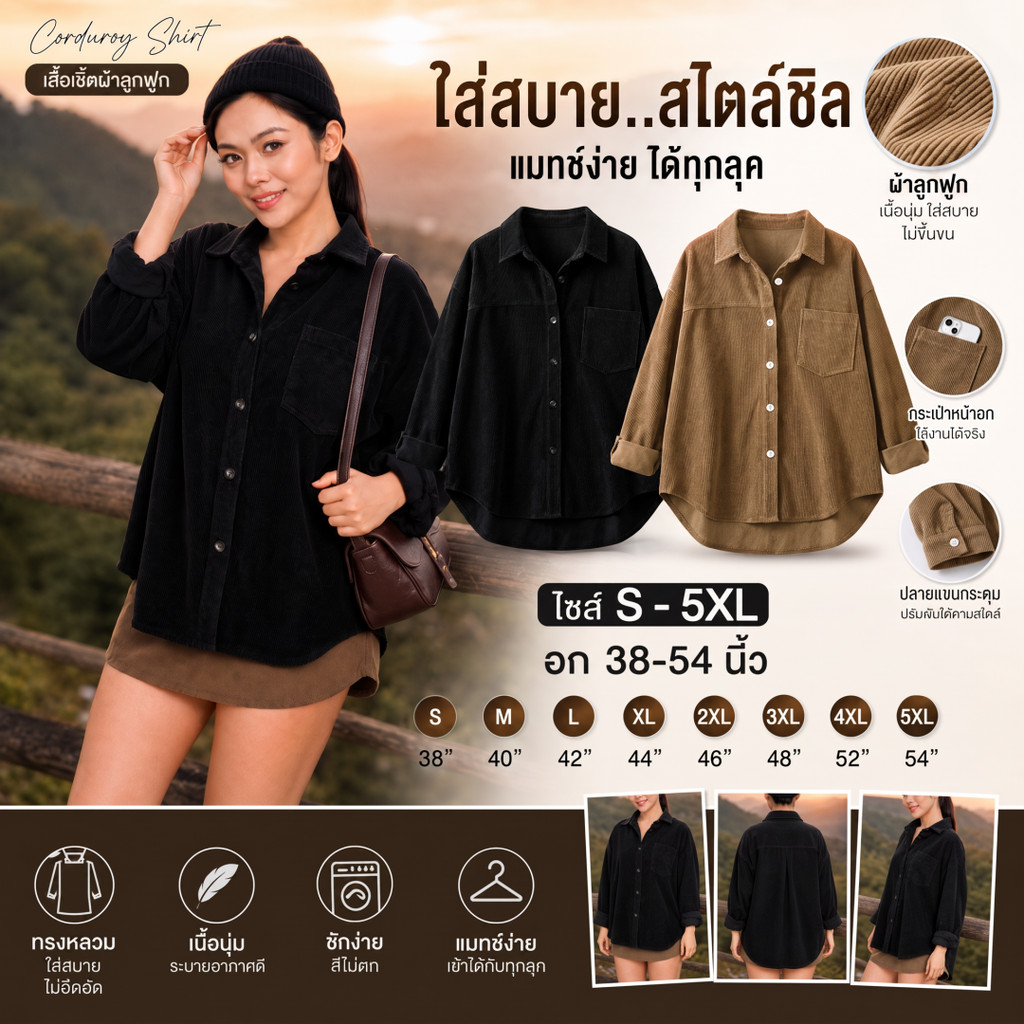 เสื้อเชิ้ตแขนยาวผ้าลูกฟูก มีไซส์ S-5XL ทรงโอเวอร์ไซส์ไหล่ตก มีกระเป๋าหน้า คัตติ้งสวยตรงปก