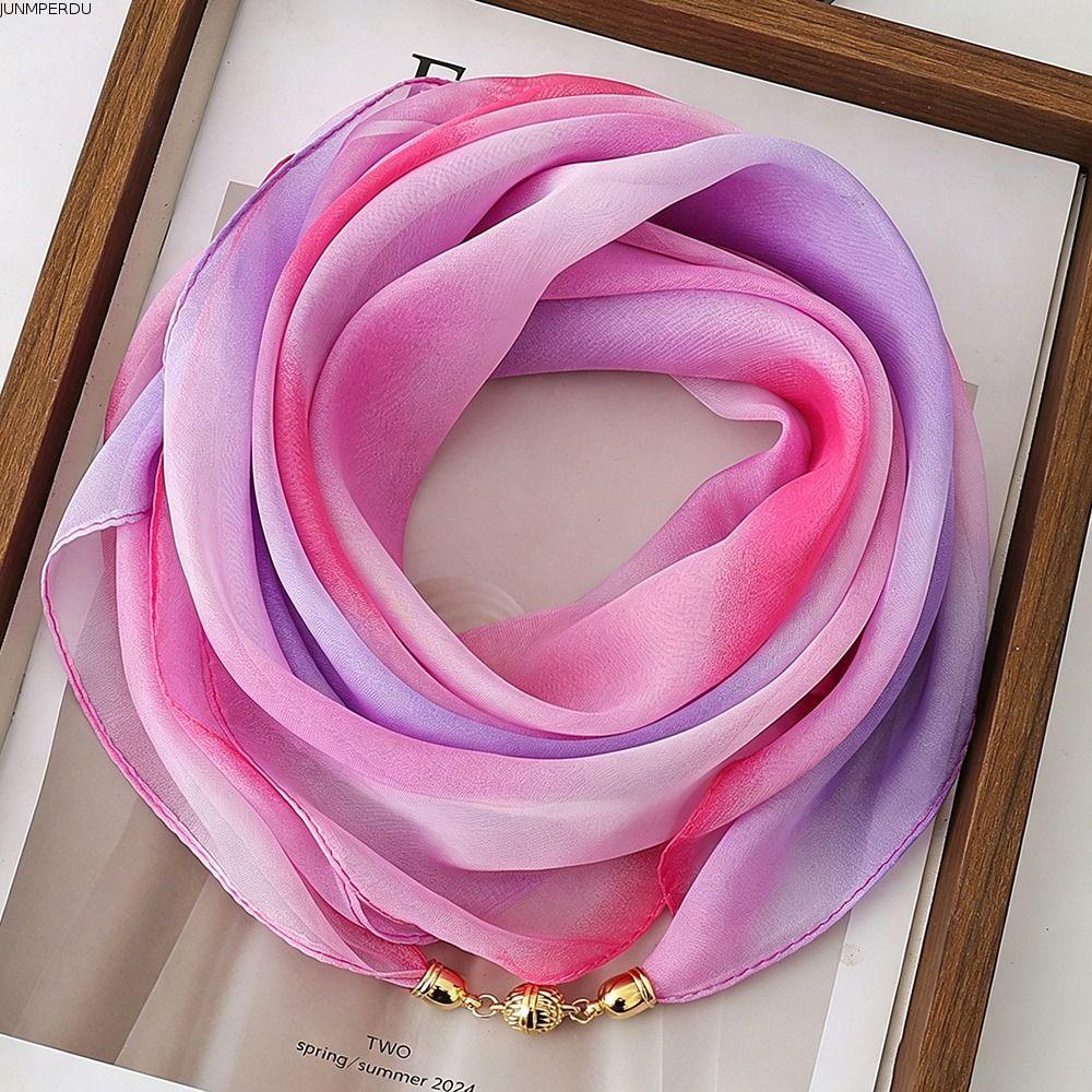 JUNMPER2R 63*63 ซม.ผ้าพันคอผ้าไหม,ฤดูร้อนGradient Rainbowแม่เหล็กหัวเข็มขัดผ้าพันคอ,แฟชั่นชีฟองน้ําห