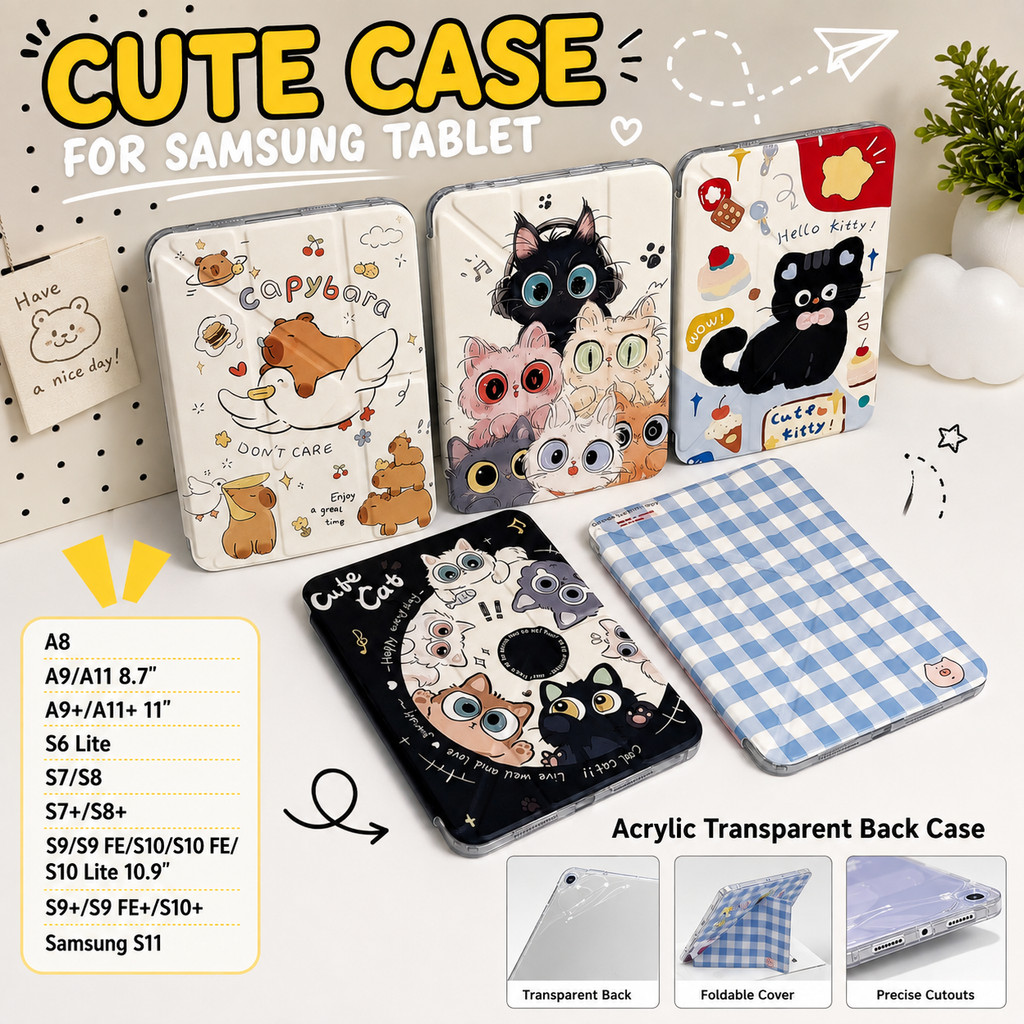 เคสแท็บเล็ตฝาพับลายการ์ตูน สีละมุน ตั้งดูหนังเรียนออนไลน์ Samsung Tab For S7/8/9/S10 11นิ้ว S8+/S9+/