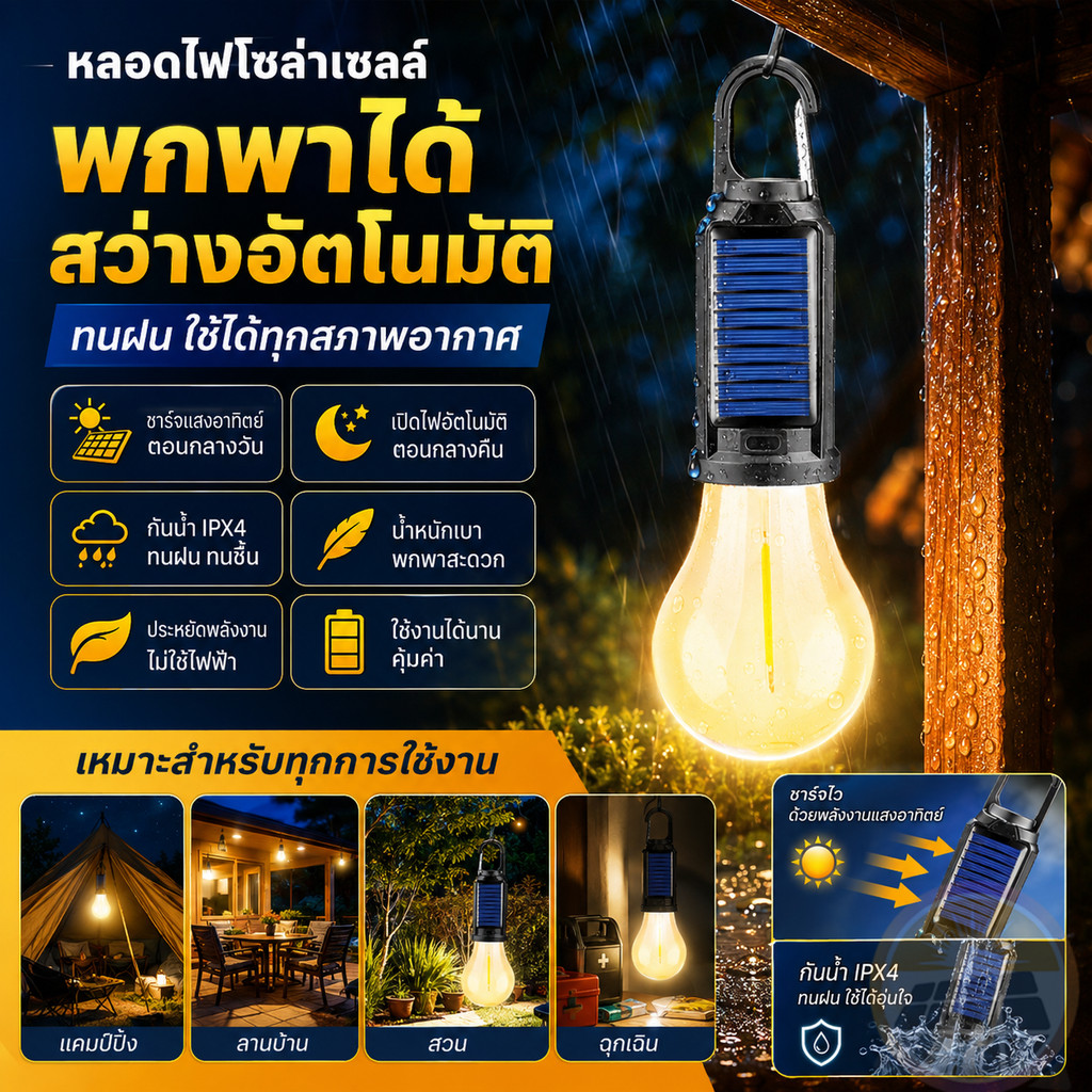 ไฟพลังงานแสงอาทิตย์ หลอดไฟพลังงานแสงอาทิตย์ ประเภทแขวน หลอดไฟไร้สาย กันน้ำ ไฟฉุกเฉิน แบตนานกัน โคมไฟตั้งแคมป์
