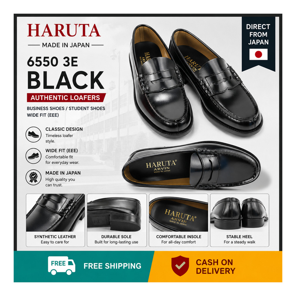 Men's HARUTA 6550 3E BLACK Authentic MADE IN JAPAN Loafers, Synthetic Leather, Business Shoes, Stude