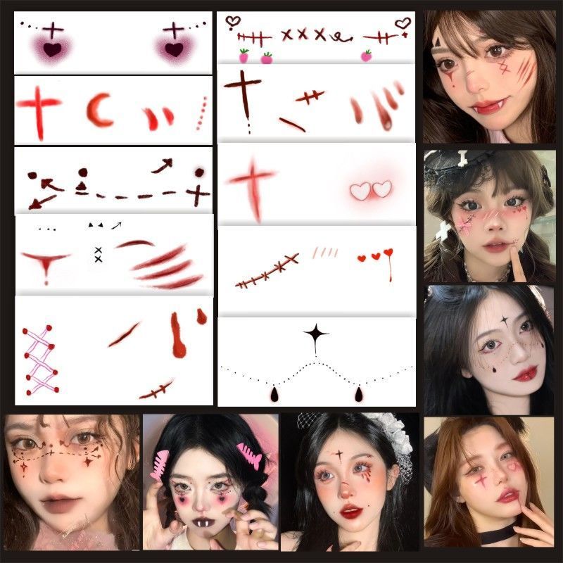万圣节贴 假伤疤贴仿* 真疤贴假伤口贴纸 万圣节派对妆容酒吧Halloween Witch Gothic Dark Makeup Nun Creative Makeup * Children'S Ca