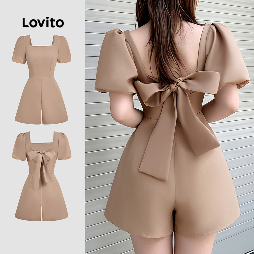 (New Arrival) Lovito จั๊มสูทลําลอง โบว์ ลายเส้นโครง สีเทาอมเขียว สําหรับผู้หญิง ฤดูใบไม้ผลิ/ฤดูร้อน เกาหลี อินเทรนด์ L195AD229