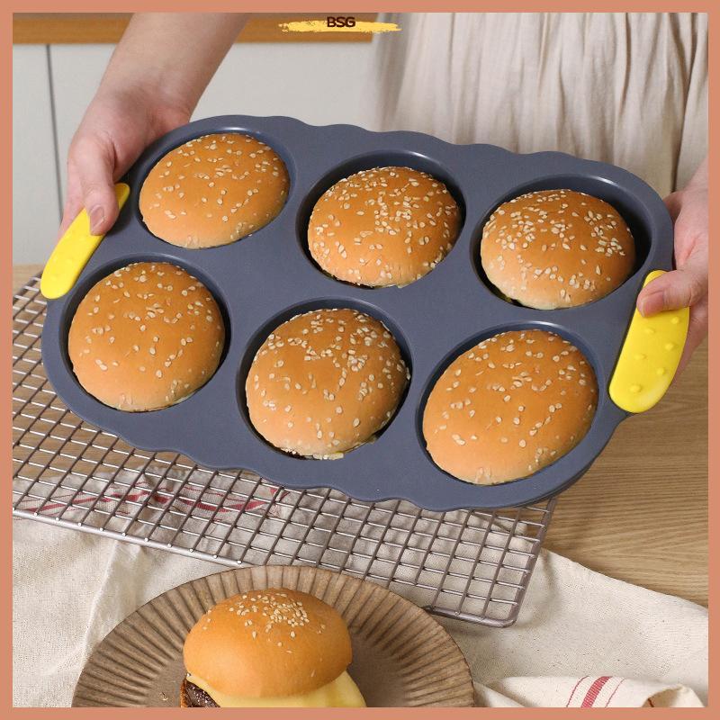 BSG 6-Cavity Silicone Hamburger Bun Pan, Nonstick & Heat-Resistant BSG