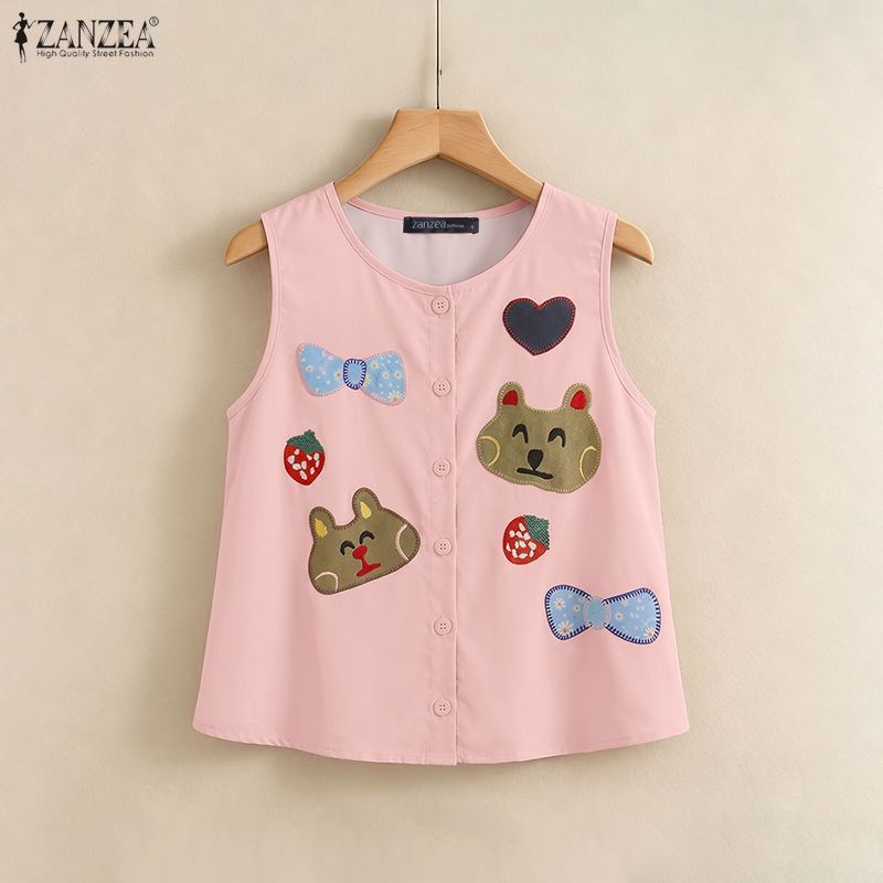 ZANZEA ผู้หญิงเกาหลีลําลองการ์ตูนพิมพ์รอบคอหลวมแขนกุด Tank Tops — صورة 5