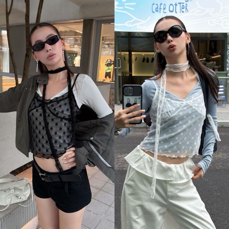 BY0639 3ชิ้น เสื้อคอวี+สายเดี่ยวลูกไม้ซีทรู+ผ้าพันคอ benly co