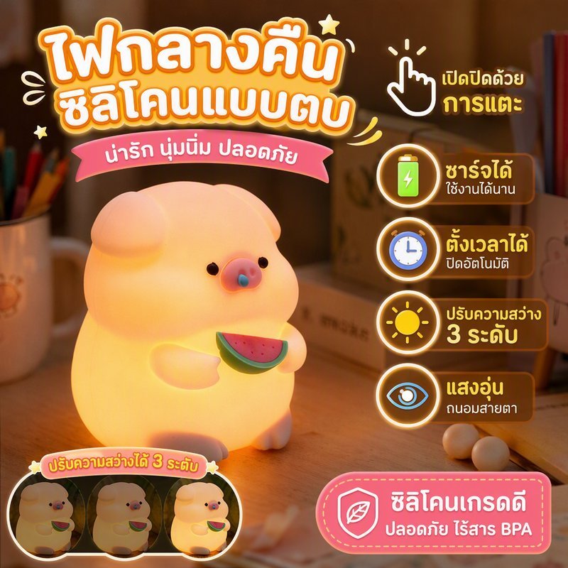 ไฟกลางคืนซิลิโคนแบบตบ เปิดปิดด้วยการแตะ ชาร์จได้ ตั้งเวลาได้ ปรับความสว่าง 3 ระดับ แสงอุ่นถนอมสายตา