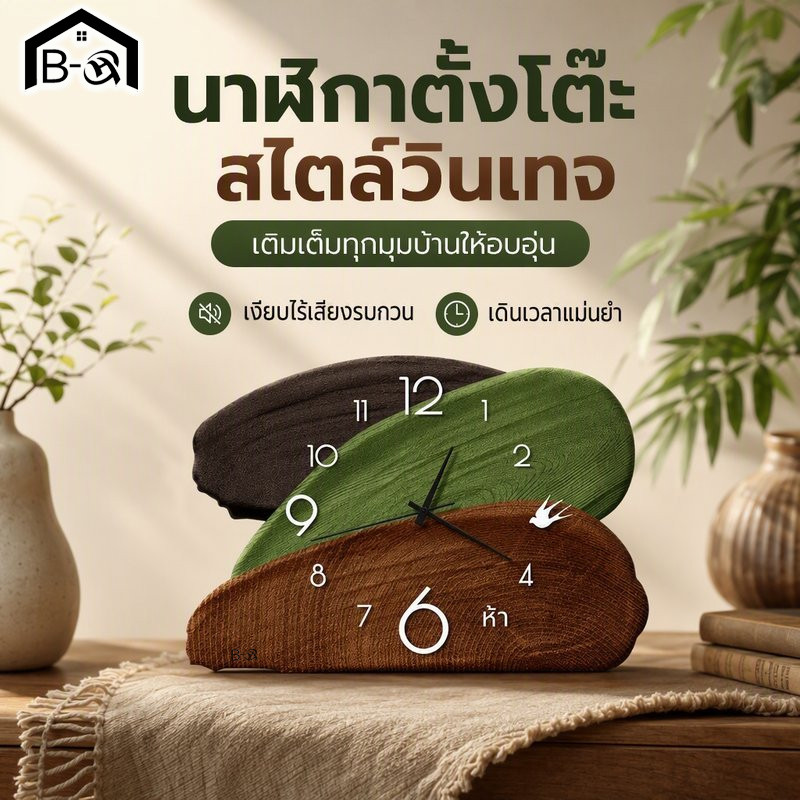 BHQ นาฬิกาตั้งโต๊ะ ไม้วินเทจ สีเขียว เรโทร เงียบไร้เสียงติ๊ก เดินเรียบ โต๊ะทำงาน ของแต่งบ้าน