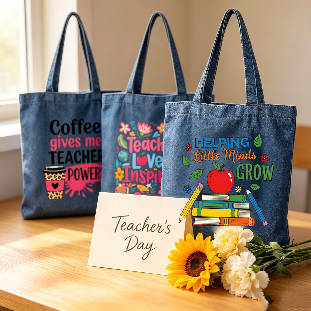 Teacher Love Inspire Print Vintage Denim Bag ขอบคุณปัจจุบันสําหรับก่อนวัยเรียนหญิงประถมศึกษา Educato