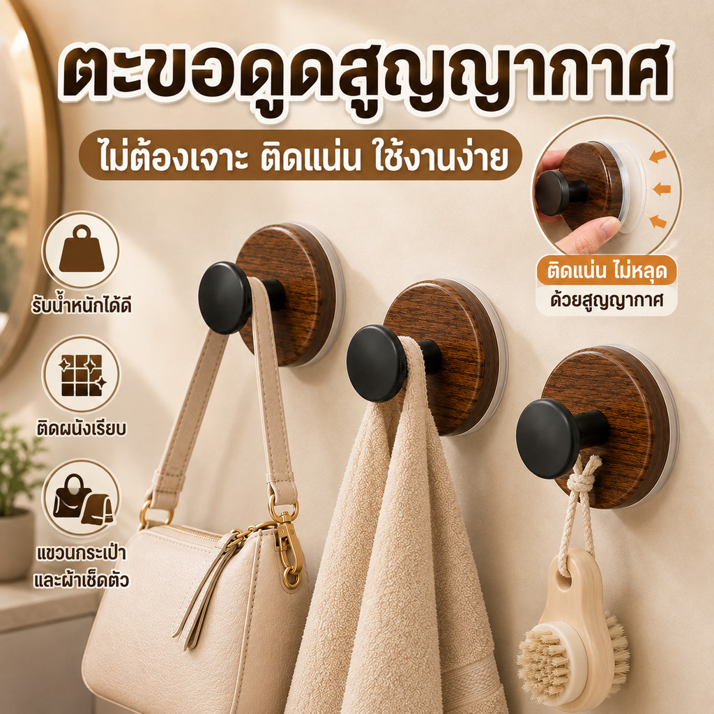 พร้อมส่ง ตะขอแขวนดูดสุญญากาศลายไม้ ไม่ต้องเจาะผนัง ติดแน่น รับน้ำหนักสูง ใช้งานอเนกประสงค์ ห้องน้ำ ห้องครัว ห้องนอน