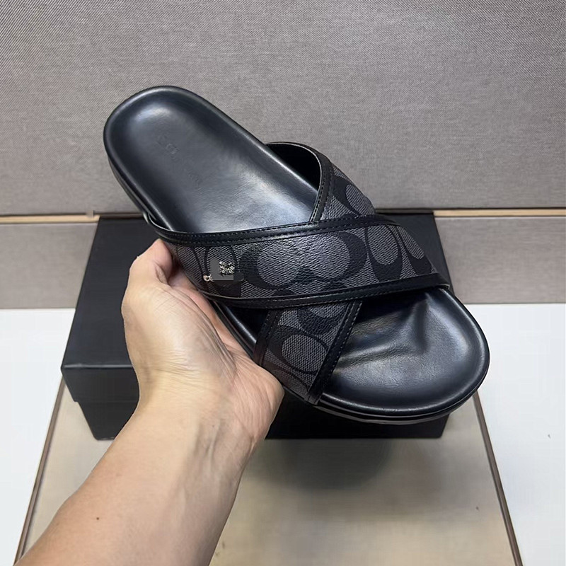 PDNA Letter พิมพ์หนังแท้ Cross Strap หนา-Soled รองเท้าแตะผู้ชายรองเท้า