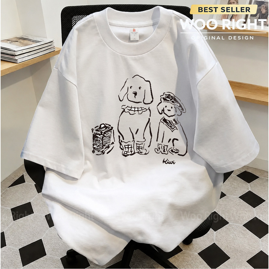 COD Woo Right เสื้อยืดสีขาวหลวม หน้าอกลายการ์ตูนสุนัขวาดมือกับกระเป๋าเดินทาง คำว่า Kiwi ใส่ทุกวัน