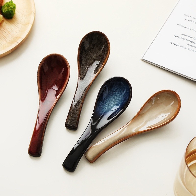 Ceramic 4pcs Japanese Ramen Soup Spoons, Asian Soup Spoon for Ramen Noodles Ceramic Soup Spoons