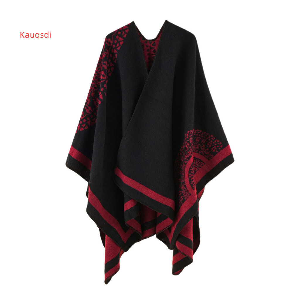 Poncho Coat หนา Patchwork เลียนแบบแคชเมียร์ Soft Touching ผู้หญิง Cape Coat สําหรับสภาพอากาศหนาวเย็น
